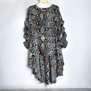 Asymmetrical Snake Print High Low Tunic with Long Draped Tiered Sleeves